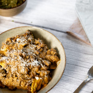 Gevulde pasta met truffel, champignons en spek